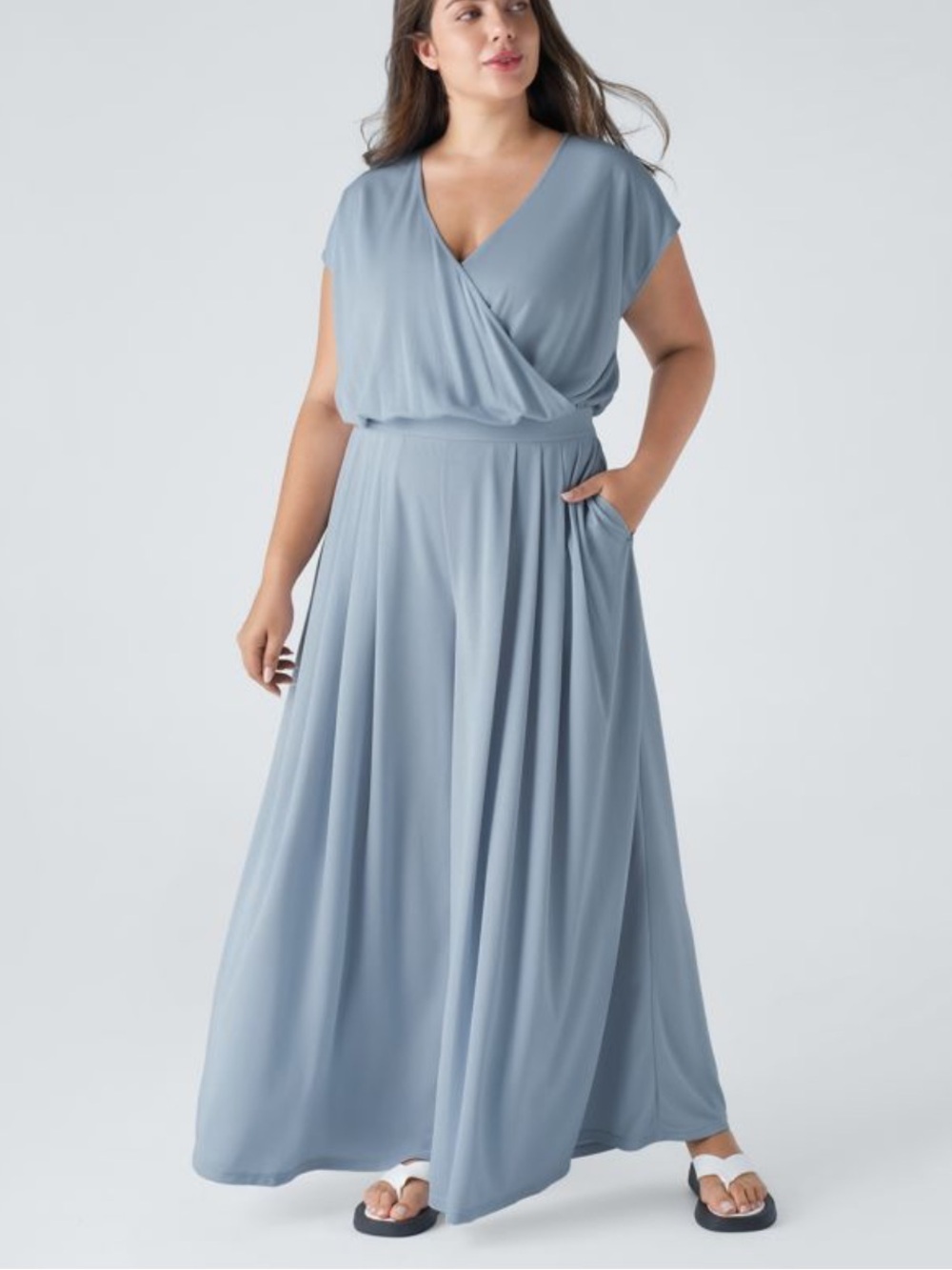 NWOT Halara Blue V Neck Short Sleeve Wide Leg Jumpsuit
